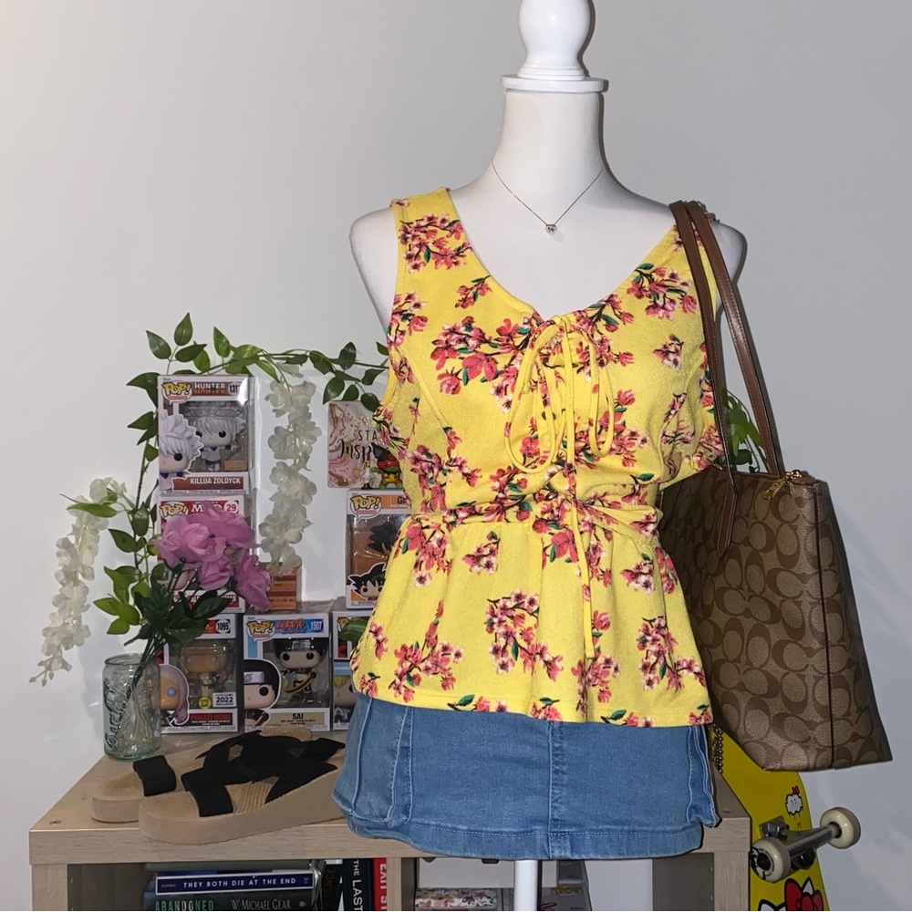 2000s bohemian whimsical fairycore lace up floral babydoll tank top